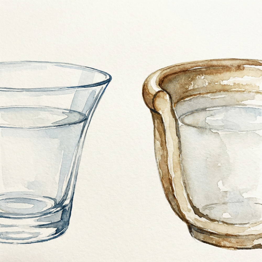 Illustration comparing how sake flows differently through a thin-rimmed glass versus a thick-rimmed pottery cup