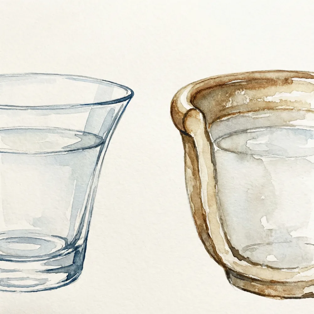 Illustration comparing how sake flows differently through a thin-rimmed glass versus a thick-rimmed pottery cup