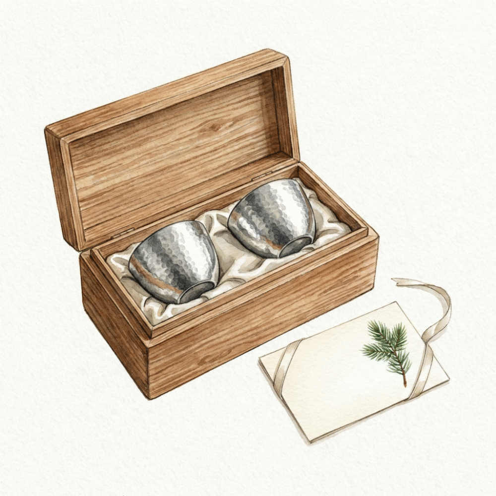 Illustration of a Nousaku tin sake set in a premium paulownia gift box with visible engraving