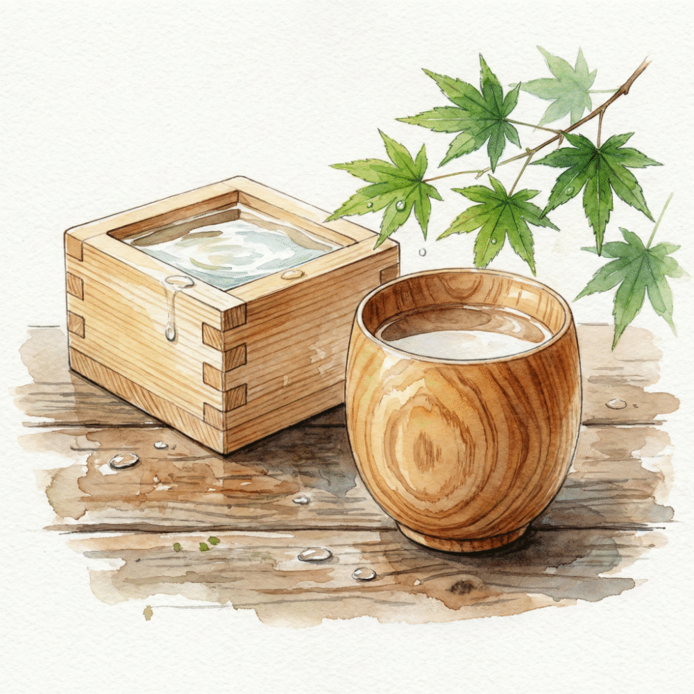 Illustration of a hinoki masu overflowing with sake, alongside a magewappa bentwood sake cup