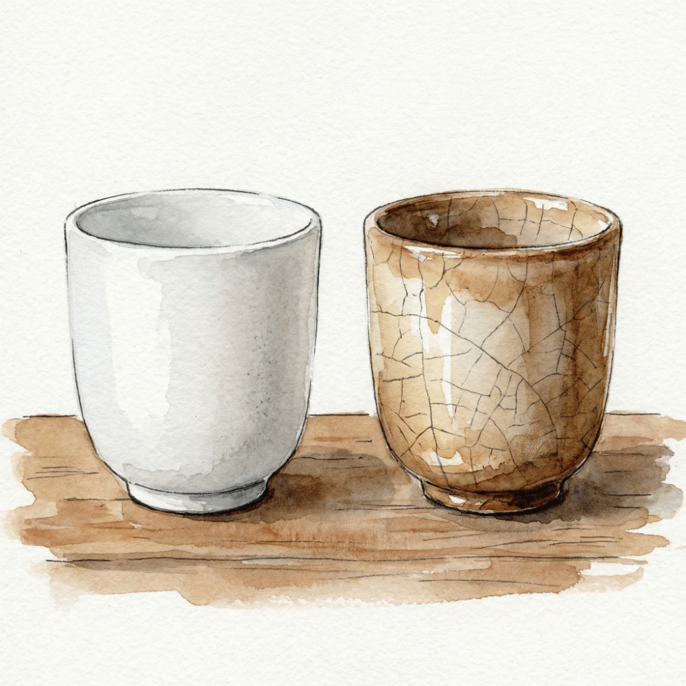 Illustration of a well-used Hagi ware guinomi and a Bizen ware tokkuri, both showing the patina of long use