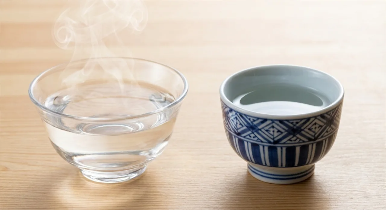 Wide-opening guinomi versus narrow ochoko, showing how sake spreads across the tongue differently