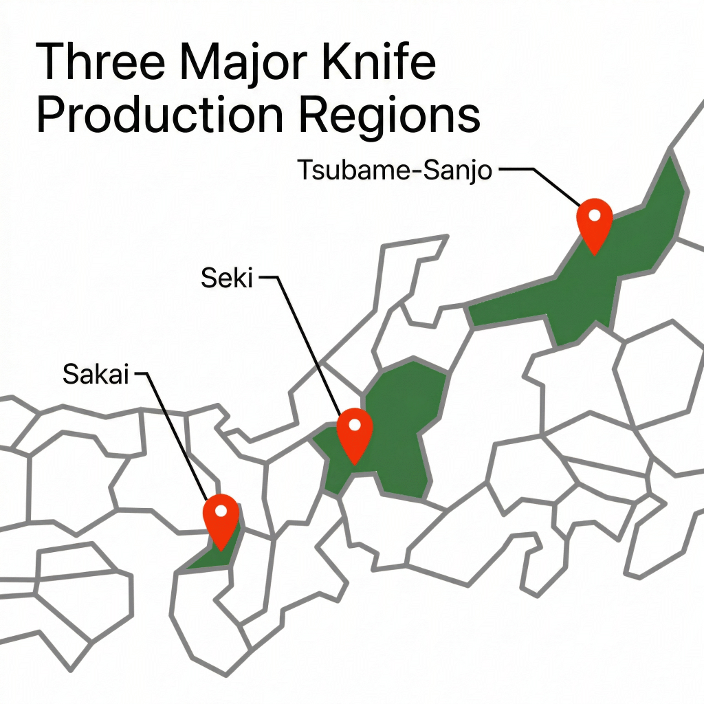Map of Japan showing the three major knife-making regions: Sakai near Osaka, Seki in Gifu, and Tsubame-Sanjo in Niigata