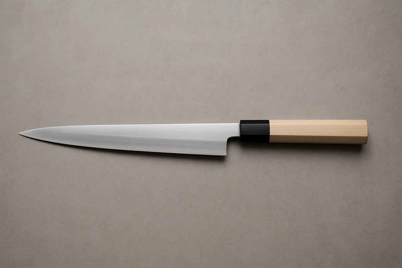 Traditional Sakai wa-bocho (Japanese kitchen knife) showing the hand-crafted single-bevel blade and magnolia wa-handle