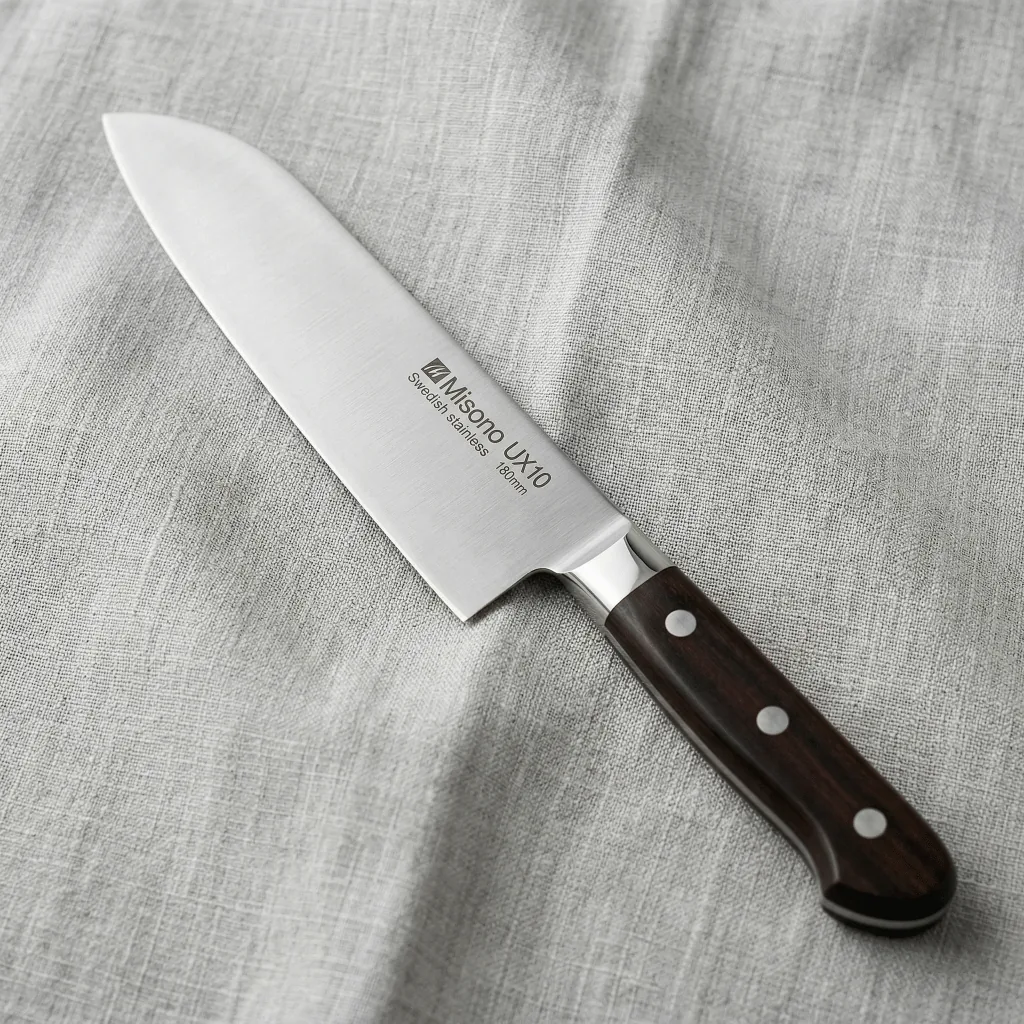 Misono UX10 santoku 180mm showing Swedish steel blade and nickel silver bolster detail