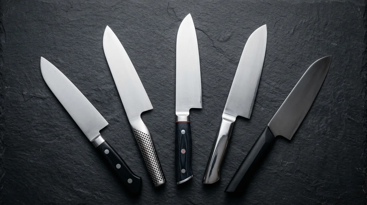 Five Japanese santoku knives from top brands arranged on a dark slate surface showing different handle styles and blade finishes