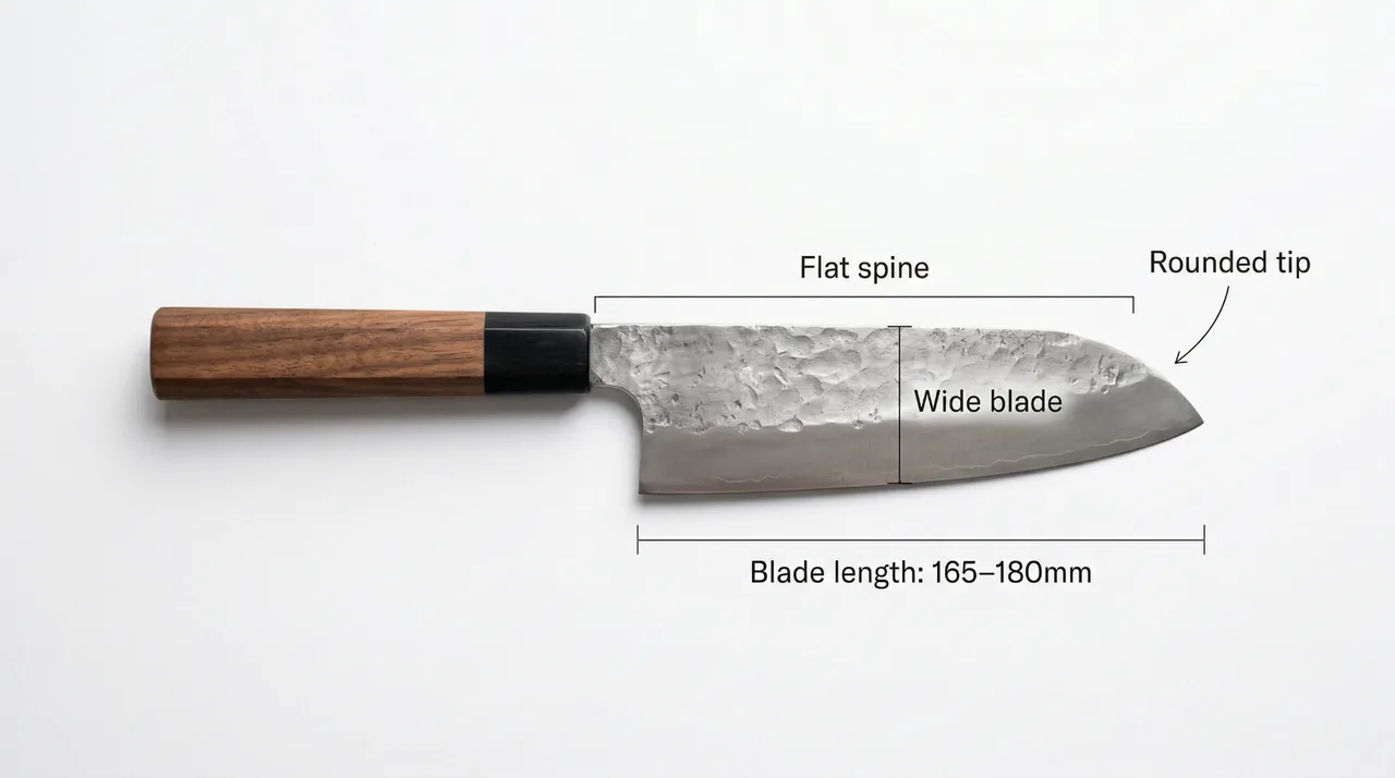 Labeled diagram of a Japanese santoku knife showing blade length, spine thickness, tip shape, and handle style — key elements for choosing the right santoku