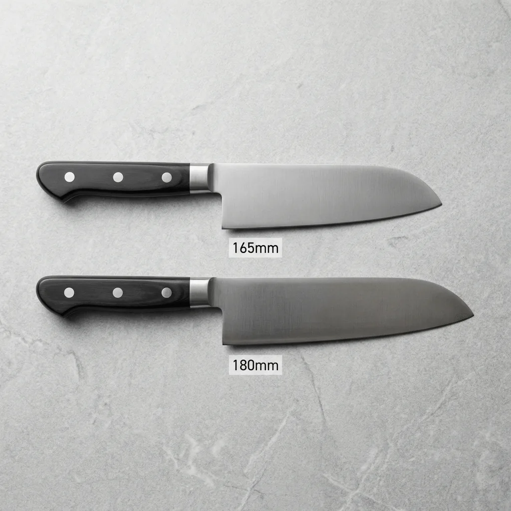 Side-by-side comparison of a 165mm and 180mm Japanese santoku knife showing the length difference on a cutting board