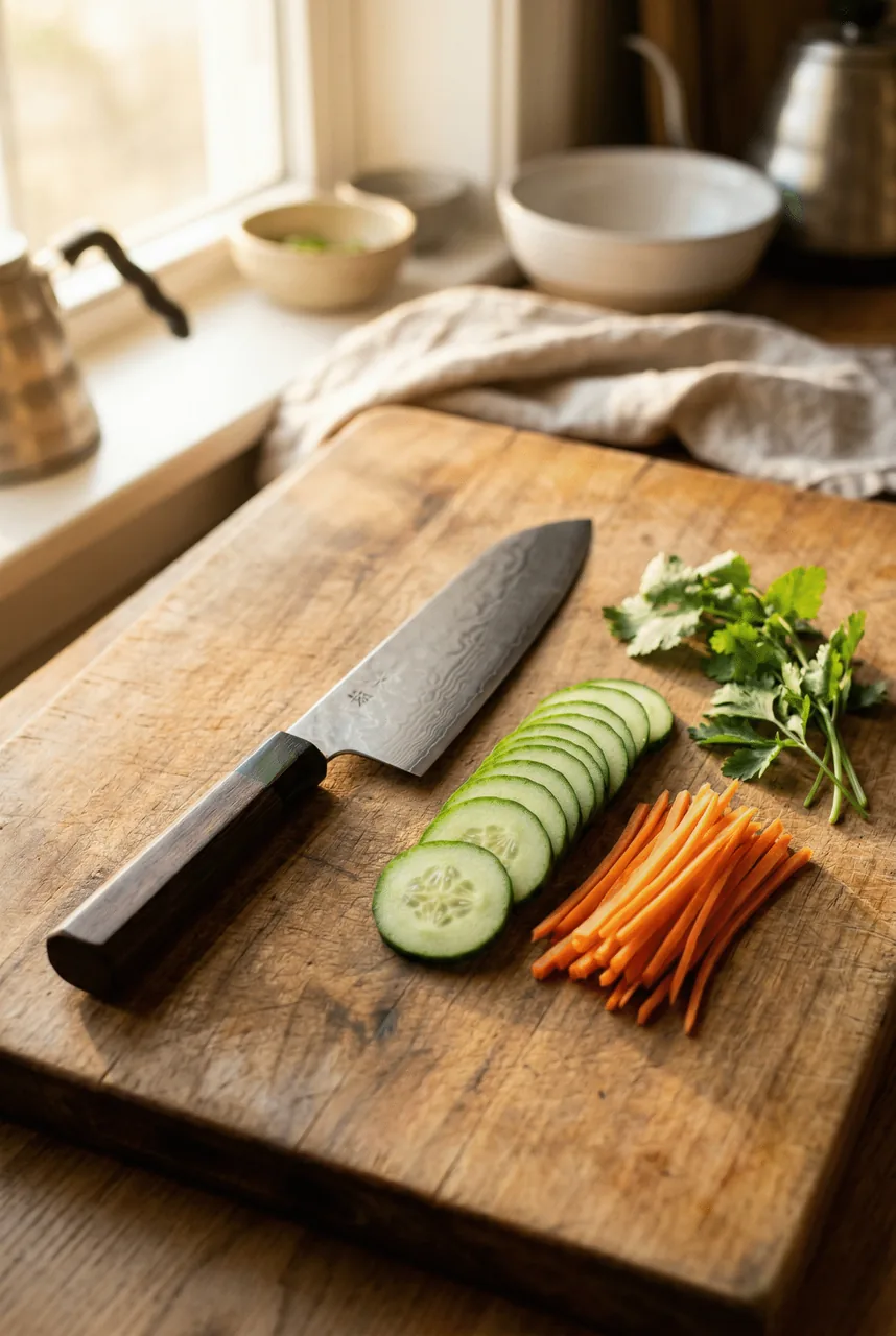 Japanese santoku knife resting on a wooden cutting board beside freshly sliced vegetables, showing clean precise cuts