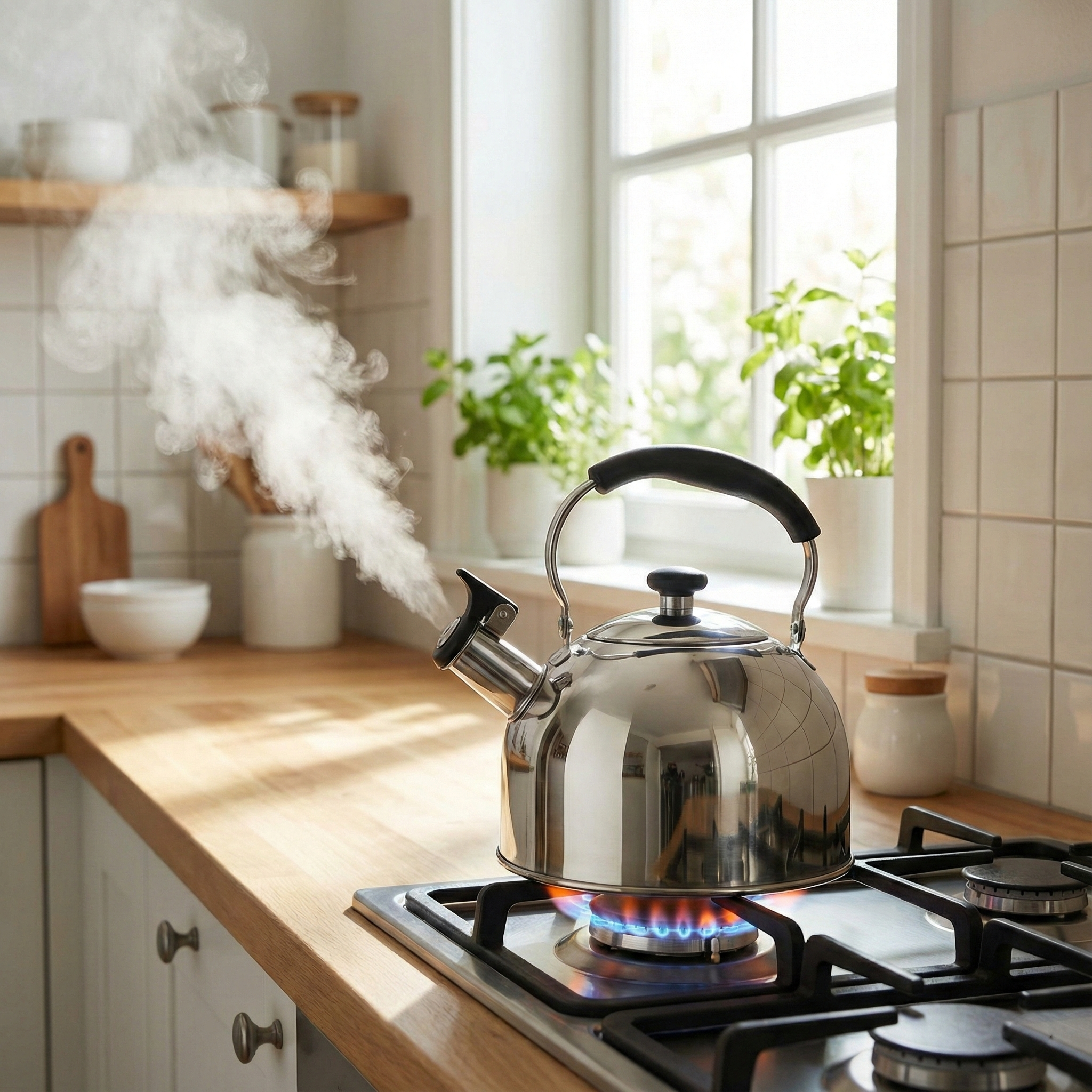 A stainless steel kettle at a rolling boil on a clean kitchen stovetop