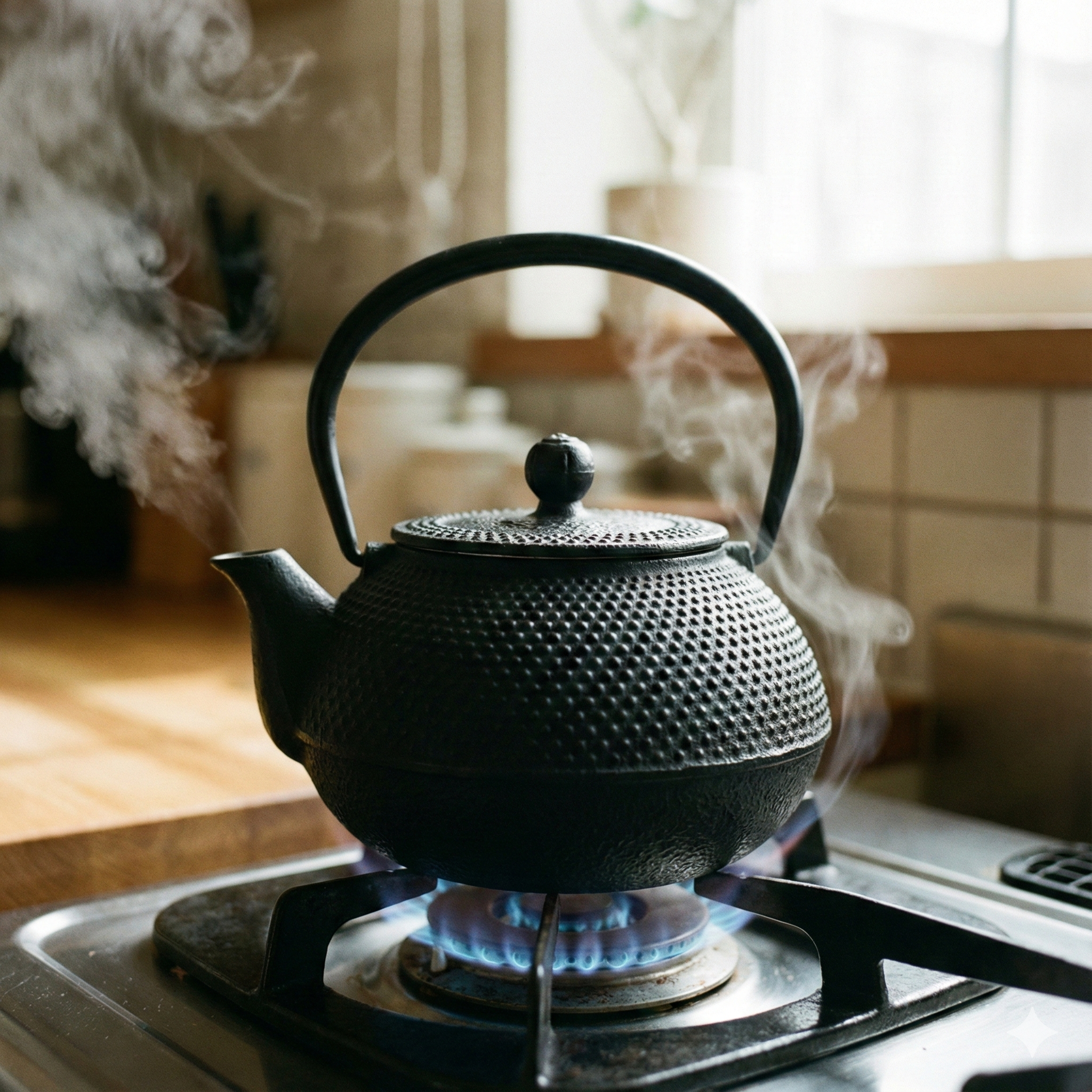A Nambu ironware iron kettle steaming on a stovetop