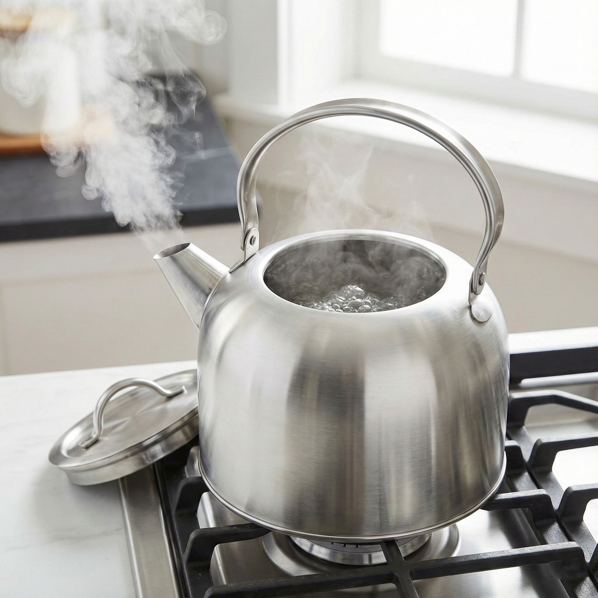 A kettle with the lid removed boiling with steam rising freely