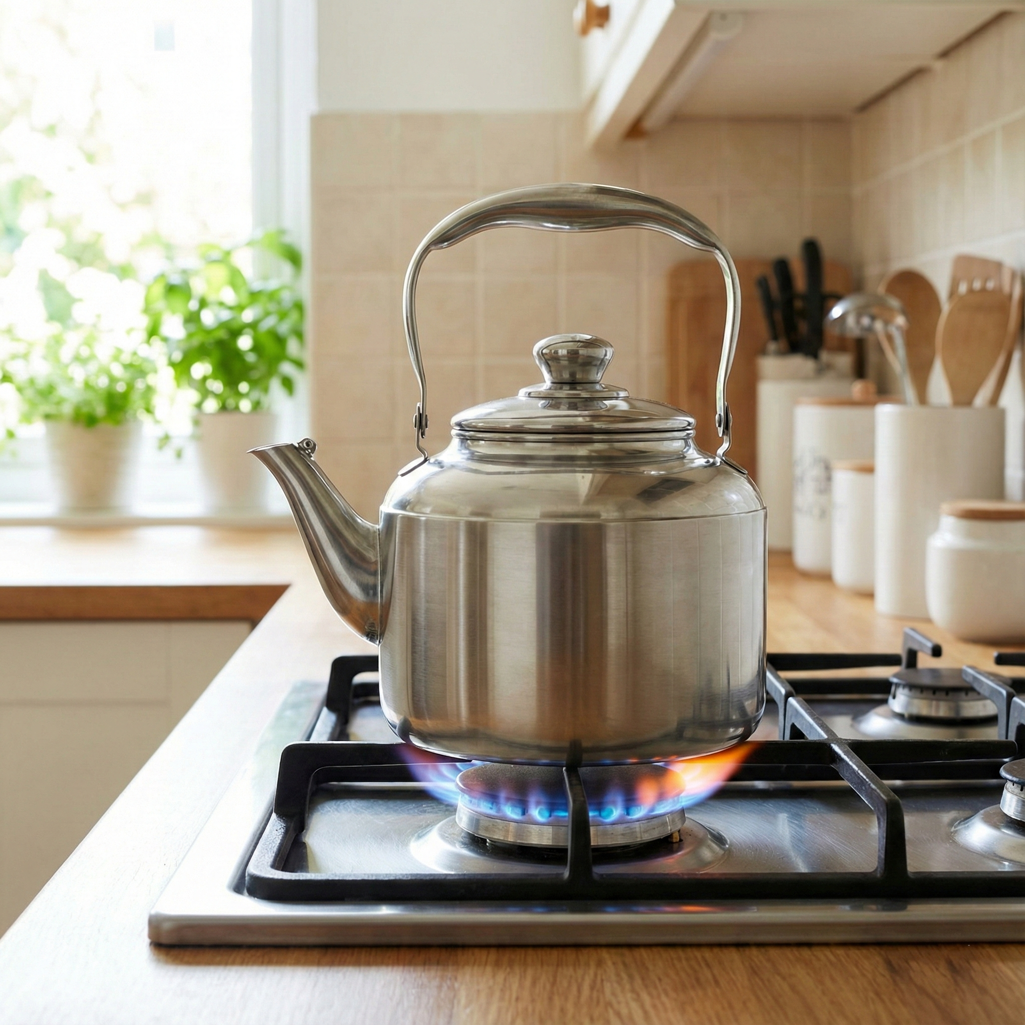 A covered kettle placed over a gas burner on high heat