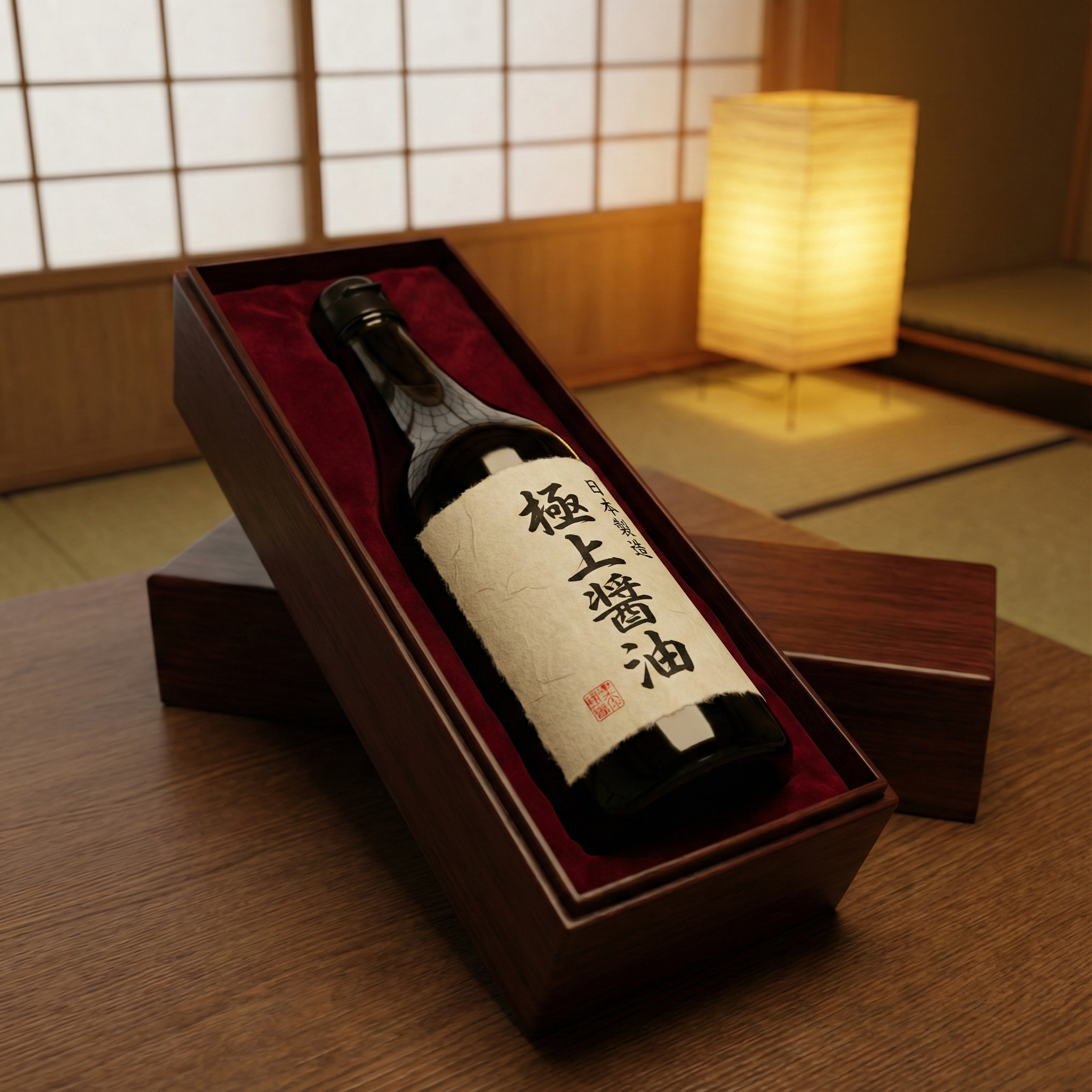 Illustration of a premium artisan soy sauce bottle in elegant packaging