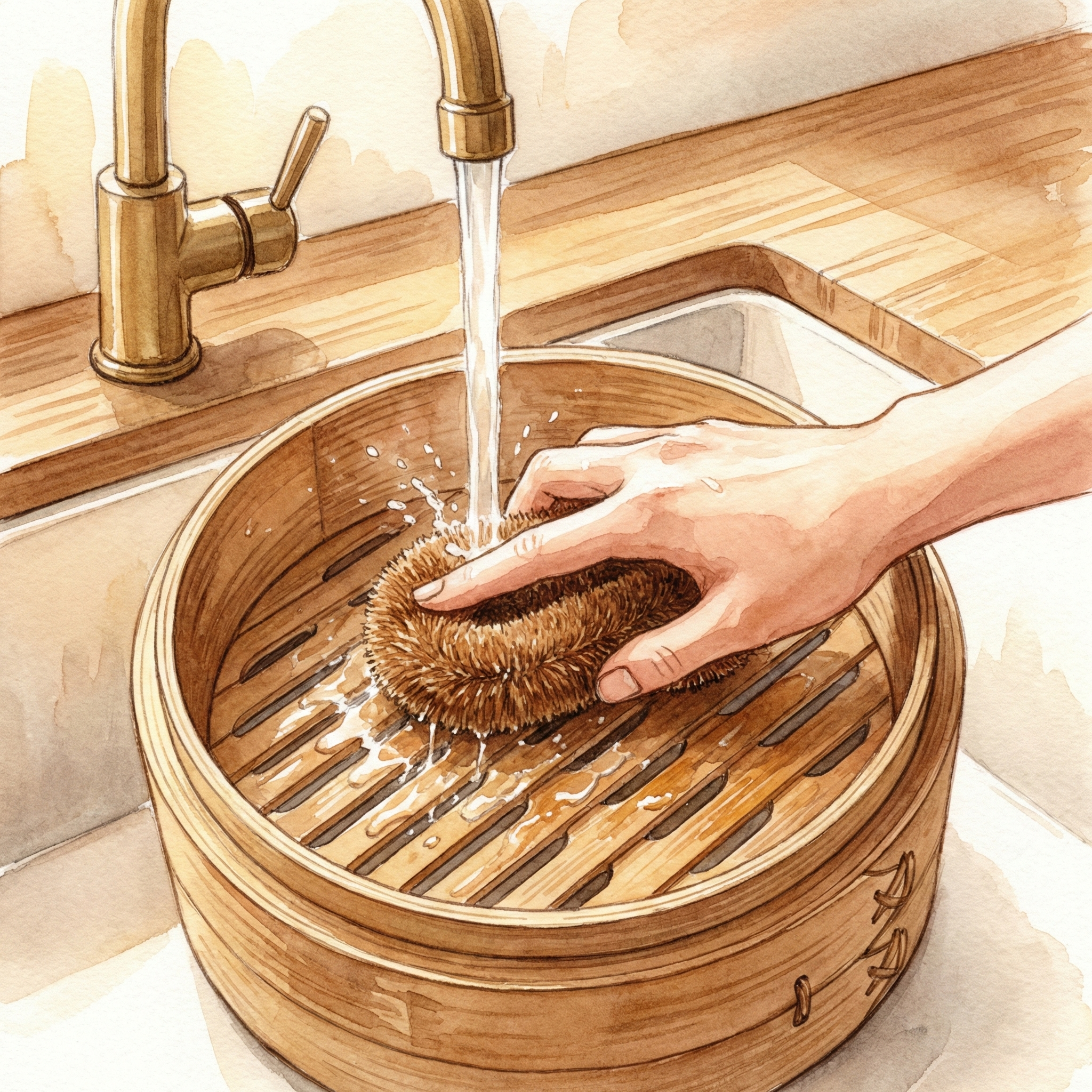 Illustration of scrubbing a seiro with a tawashi brush under hot water