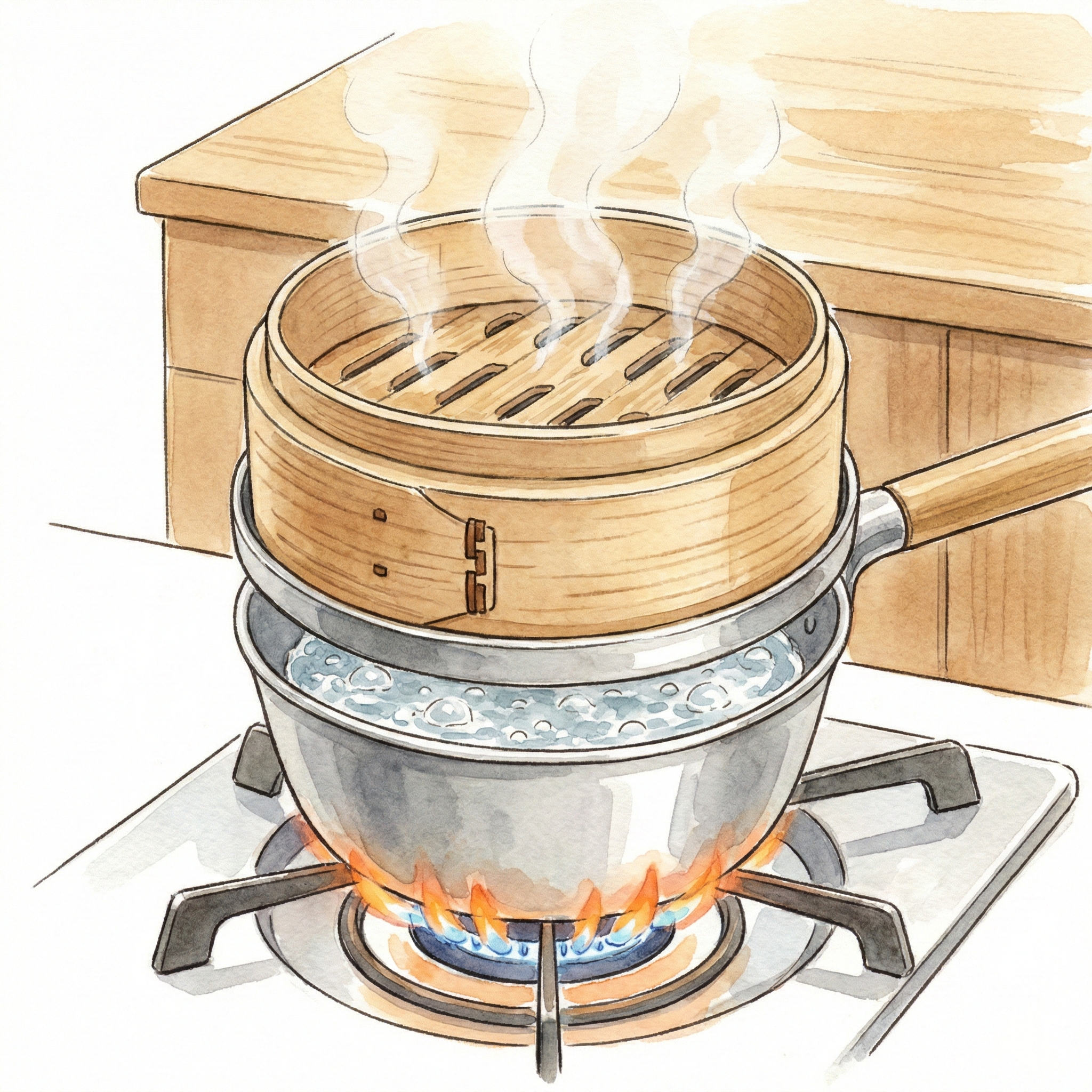 Illustration of a seiro resting on a pot of boiling water