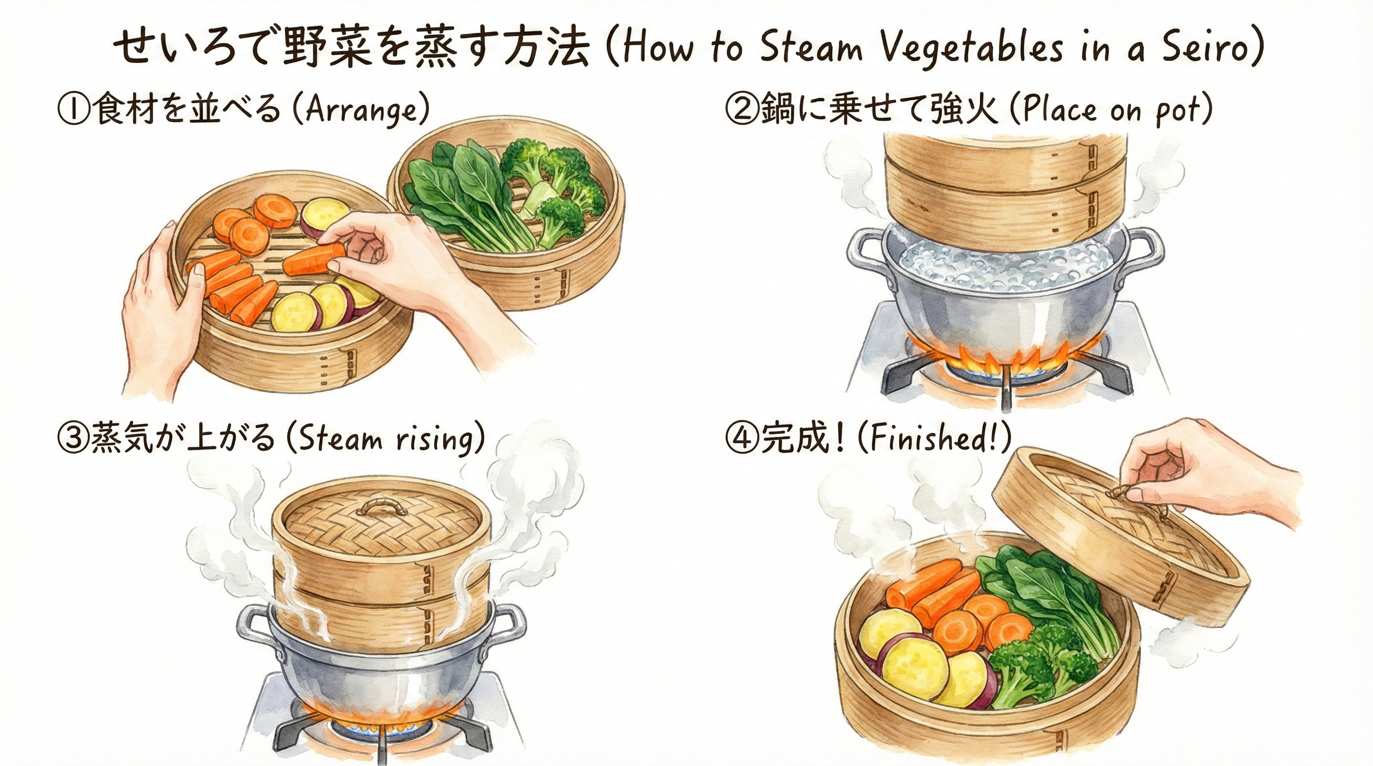 Four-panel image showing the seiro steaming process: arranging ingredients, setting over boiling water, steam escaping from the lid, finished dish