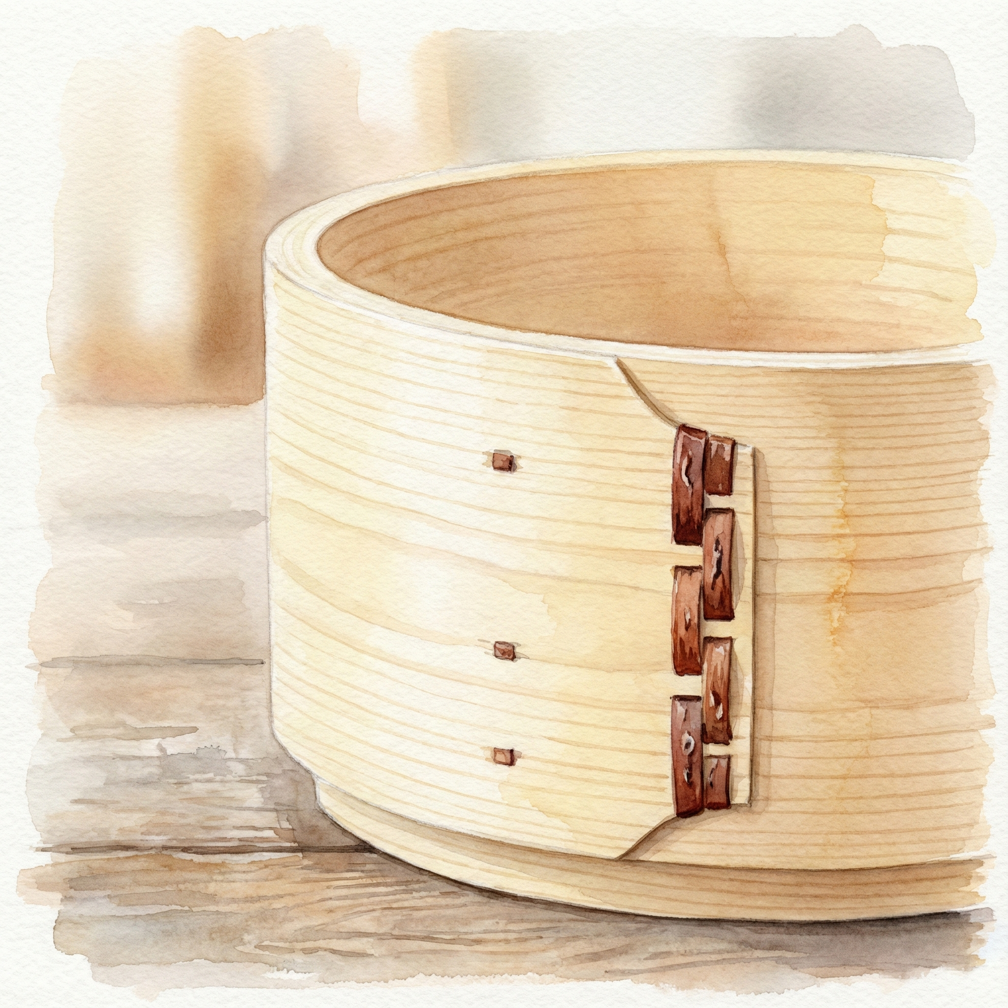 Watercolor illustration of a premium hinoki seiro with cherry-bark fasteners