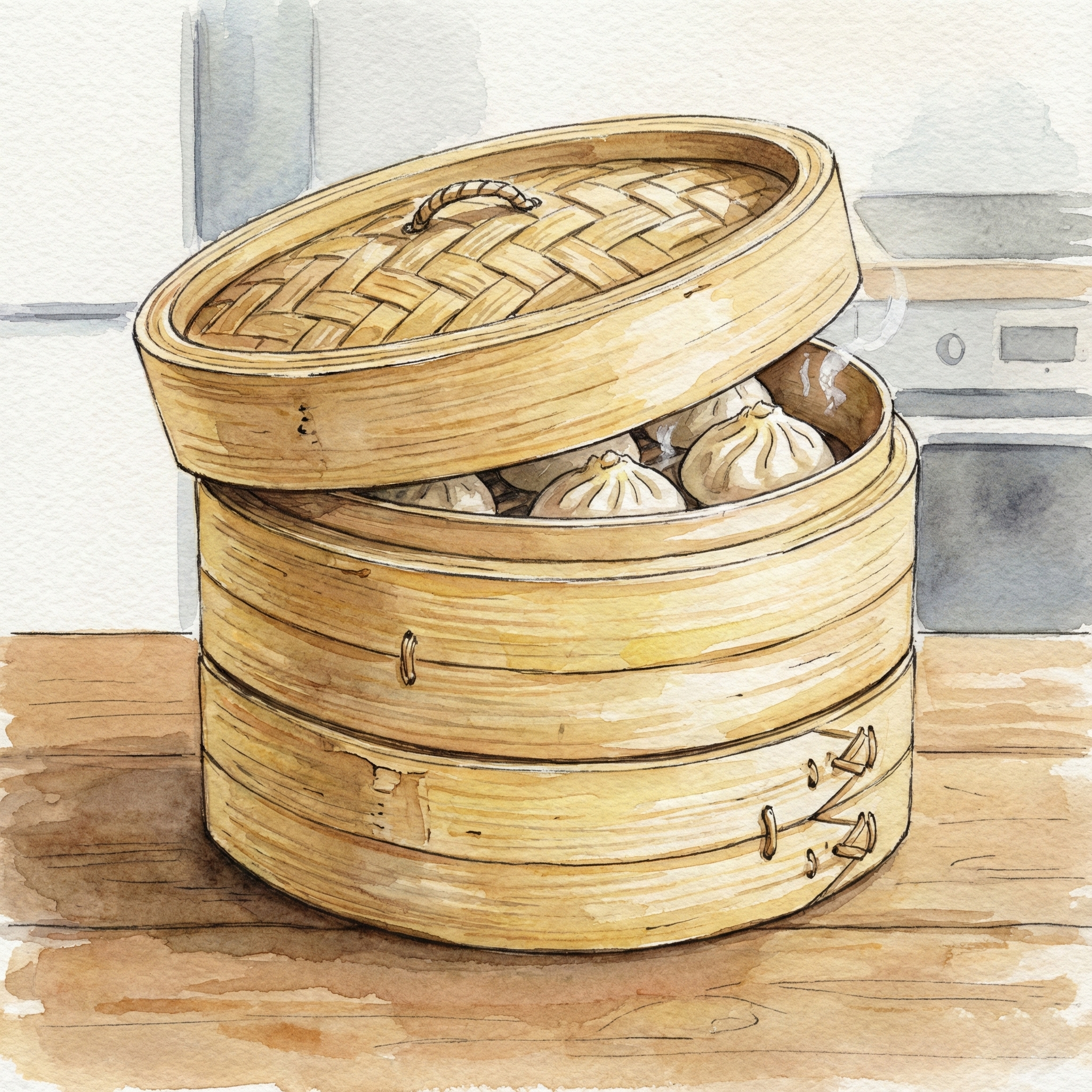Watercolor illustration of a standard bamboo dim sum steamer basket