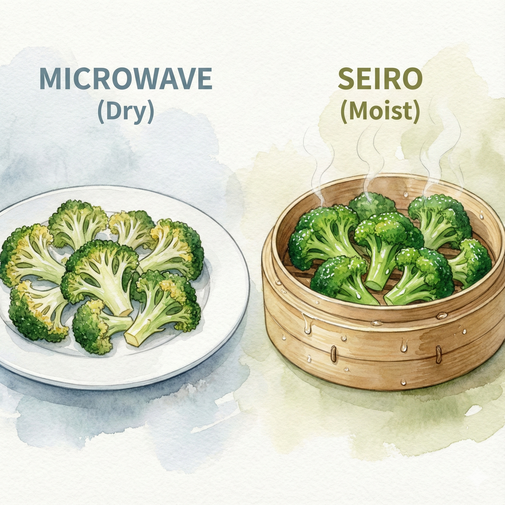 Illustration comparing how a microwave strips moisture versus how a seiro adds moisture during cooking