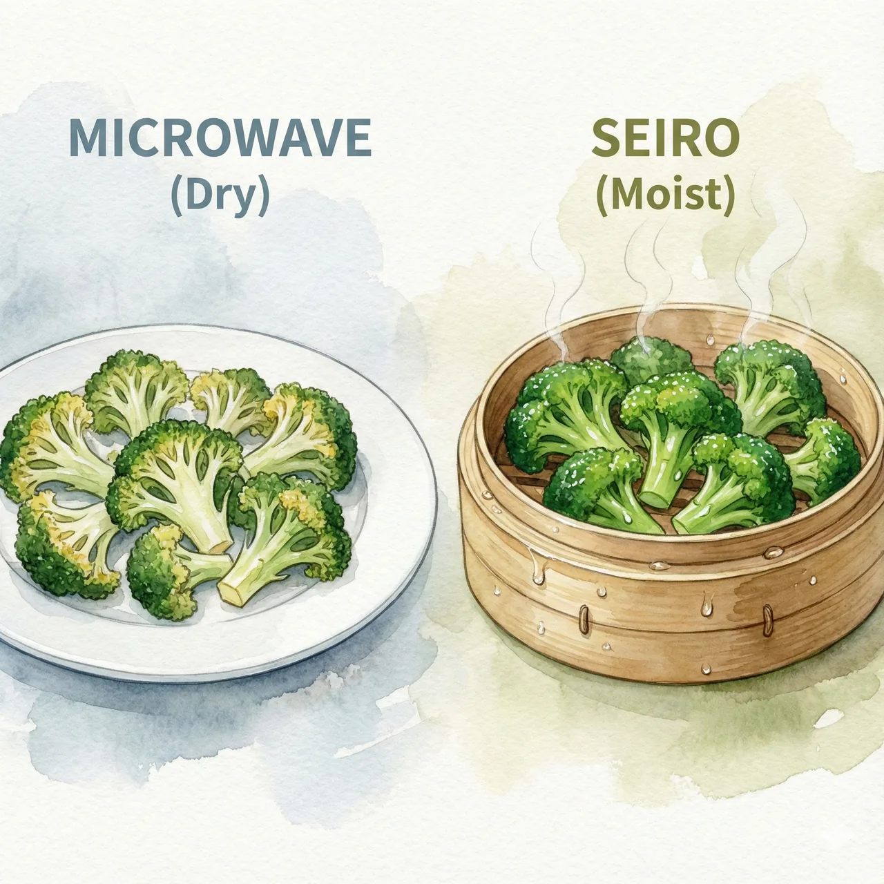 Illustration comparing how a microwave strips moisture versus how a seiro adds moisture during cooking