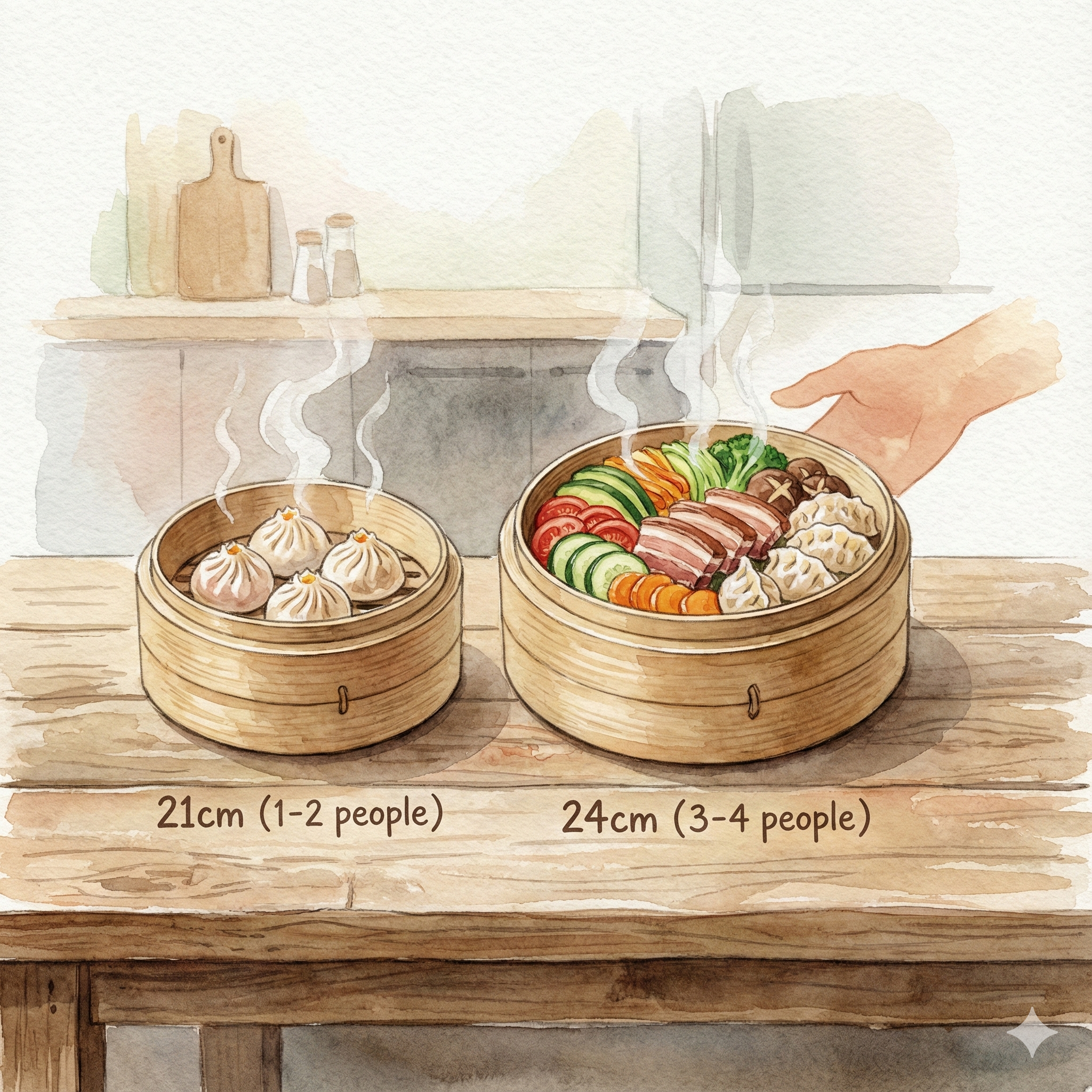 Illustration comparing seiro sizes and the volume of food each can hold