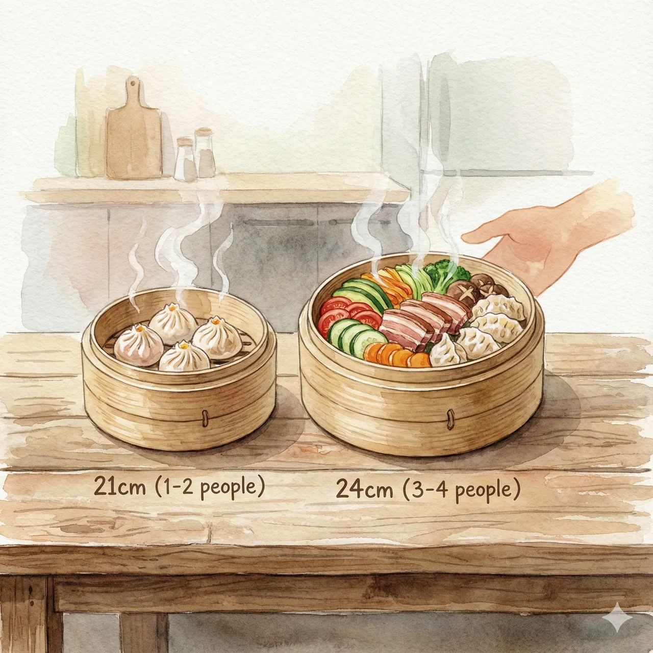 Illustration comparing seiro sizes and the volume of food each can hold