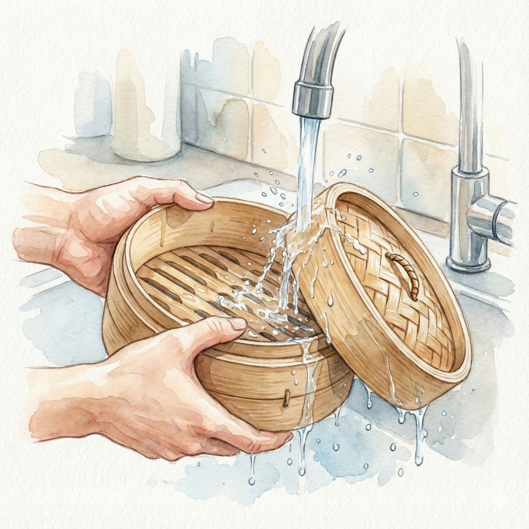 Illustration of rinsing a seiro under tap water before use