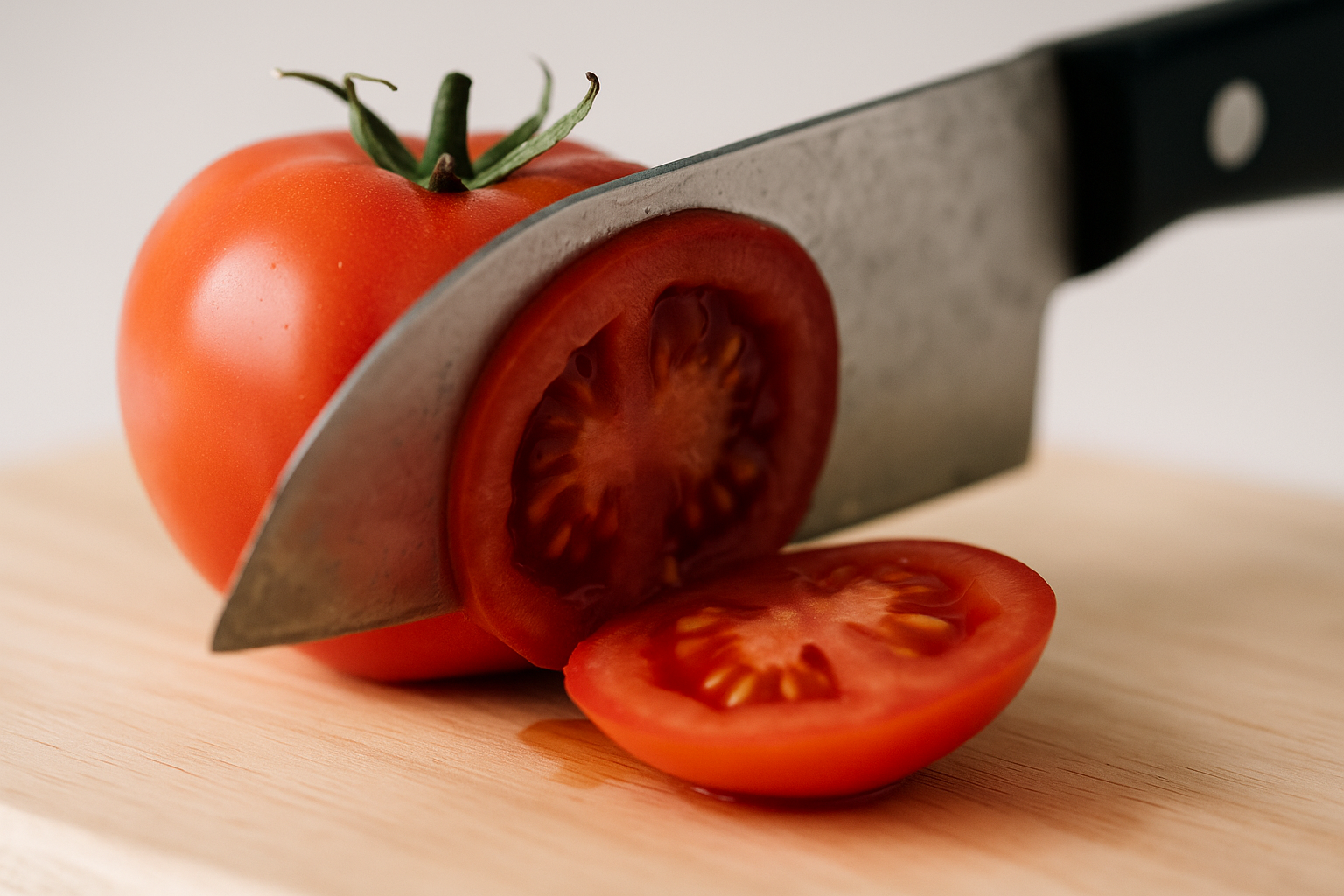 A Japanese knife failing to cut a ripe tomato cleanly — the skin is deflecting rather than piercing, indicating a dull edge