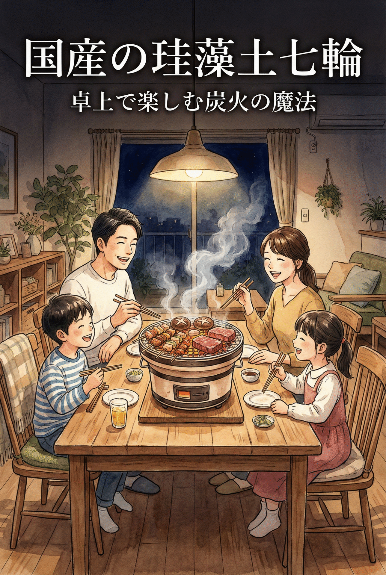 Family gathered around a tabletop shichirin, smiling and grilling yakitori and vegetables together