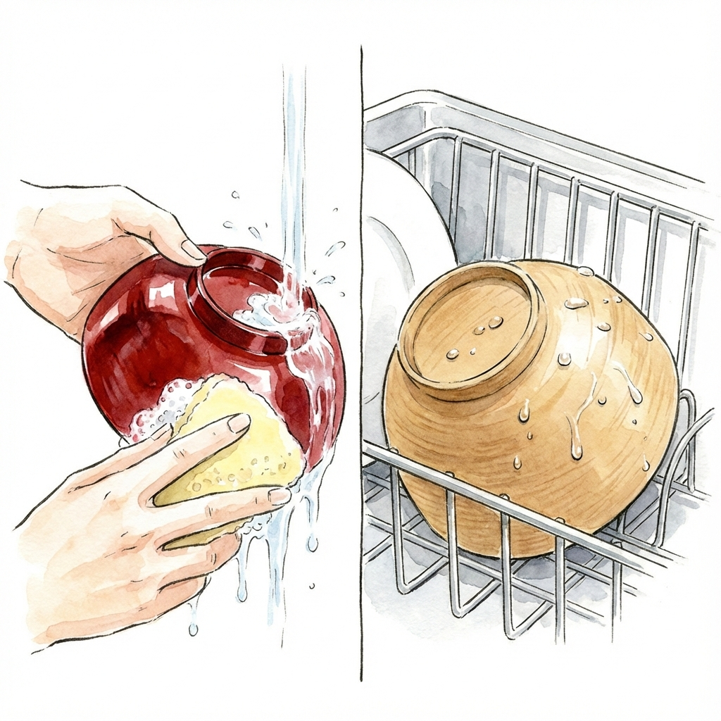 Comparison illustration of traditional lacquer (hand-wash) vs. nano-coat dishwasher-safe finish