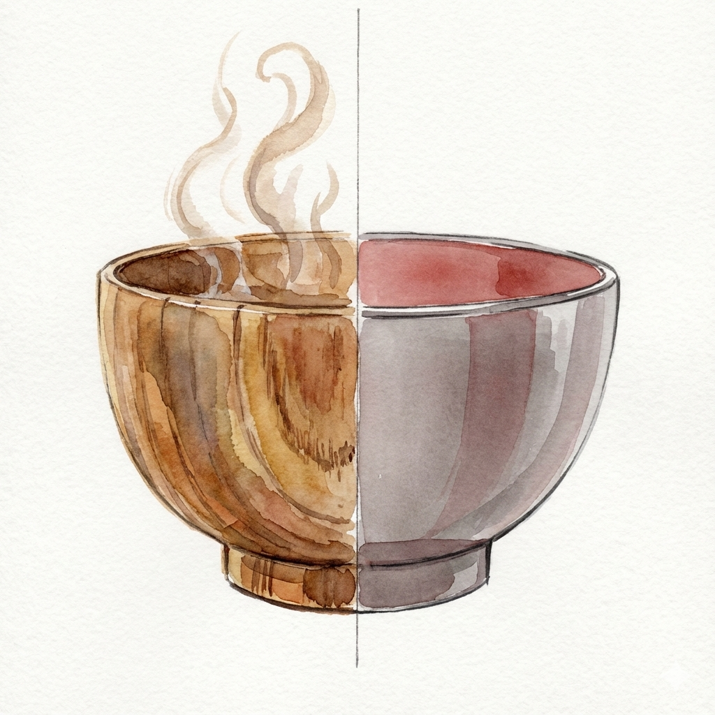 Comparison illustration of natural wood vs. resin soup bowls