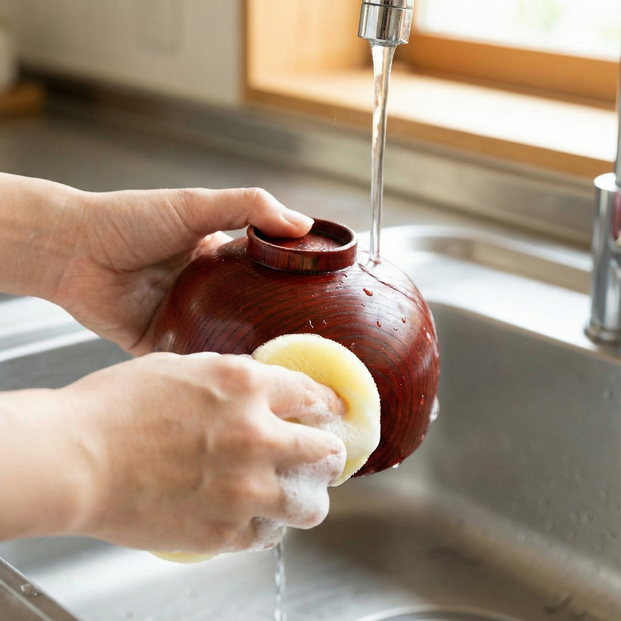 Washing a wooden soup bowl with a soft sponge