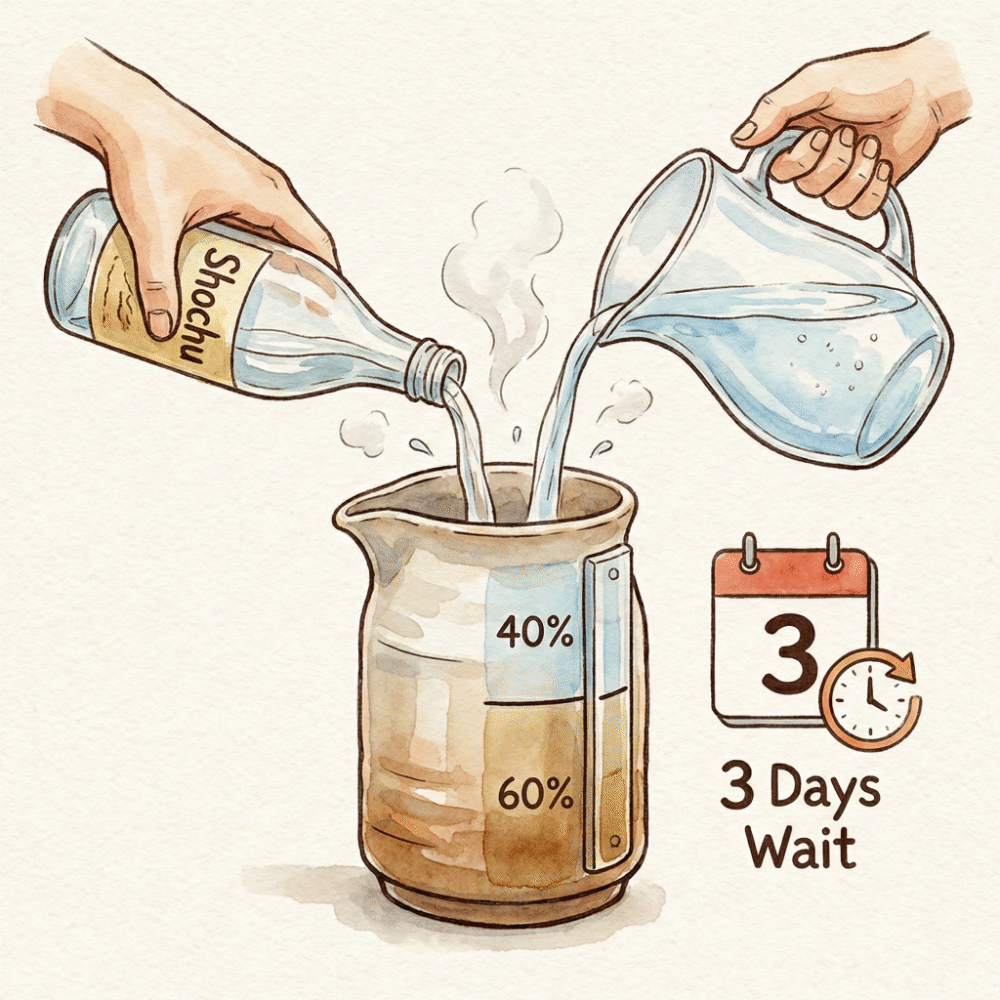 Illustration showing shochu and water being poured into a server at a 6:4 ratio, with a calendar marking three days of resting