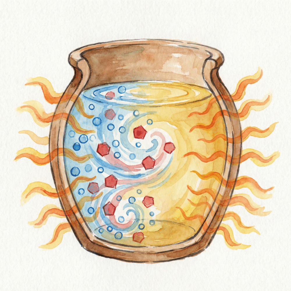 Illustration showing alcohol and water molecules blending inside a ceramic shochu server, with far-infrared radiation represented visually