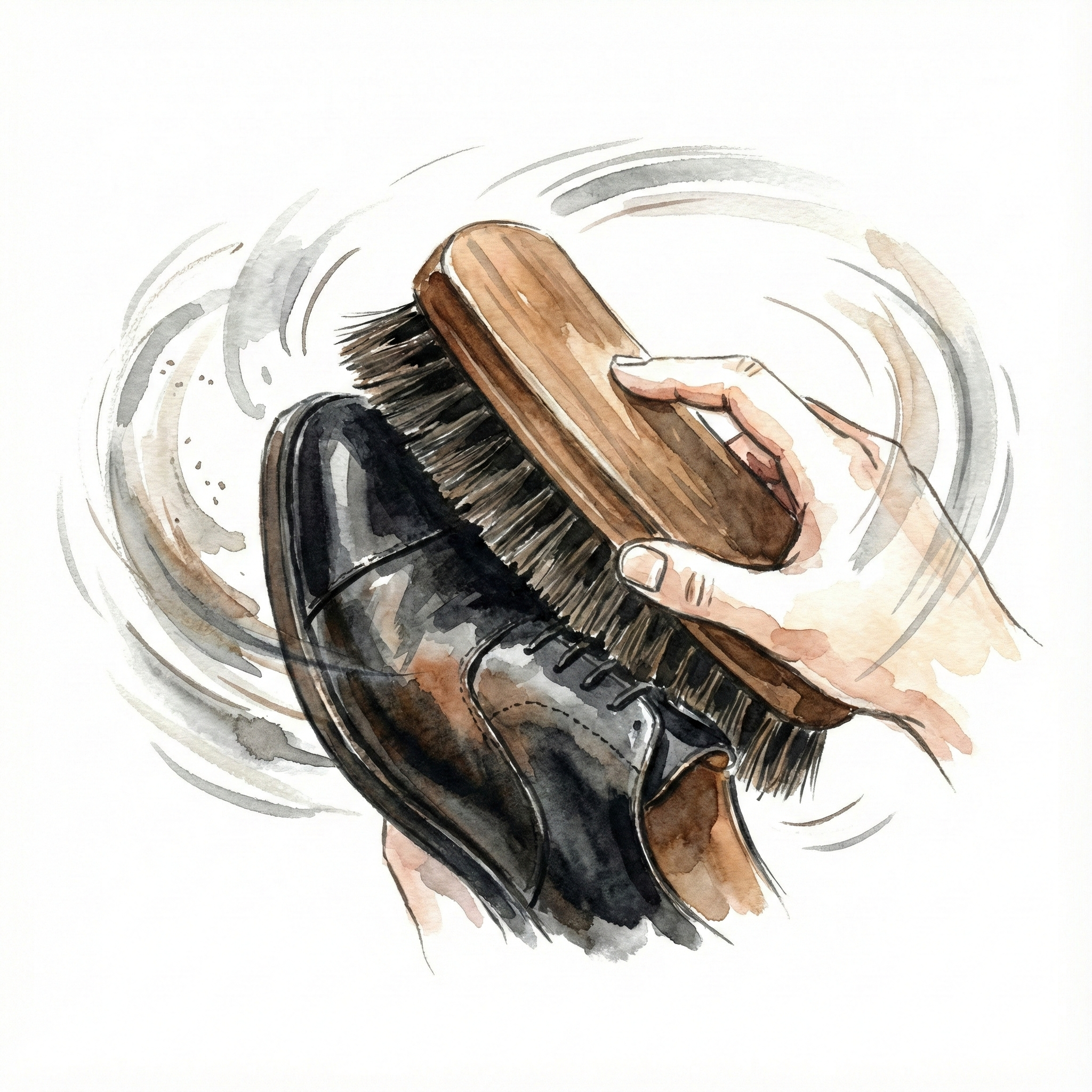 Illustration of brushing leather shoe dust away using a horsehair brush