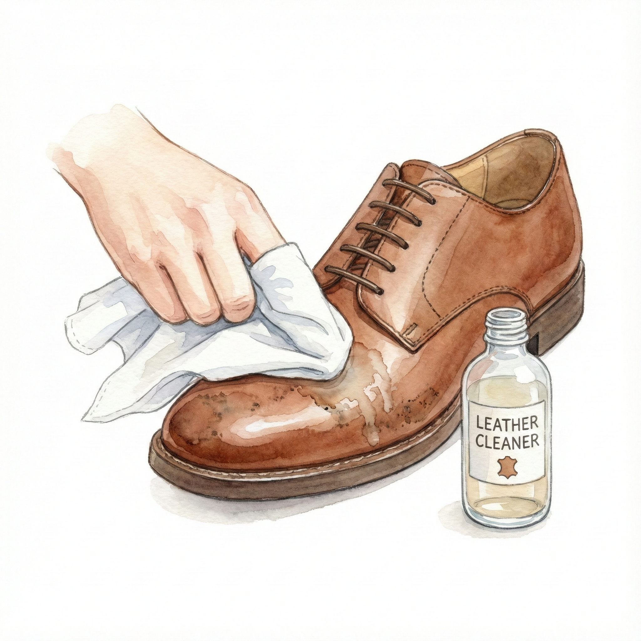 Illustration of wiping a leather shoe with cleaner on a cloth to remove old product