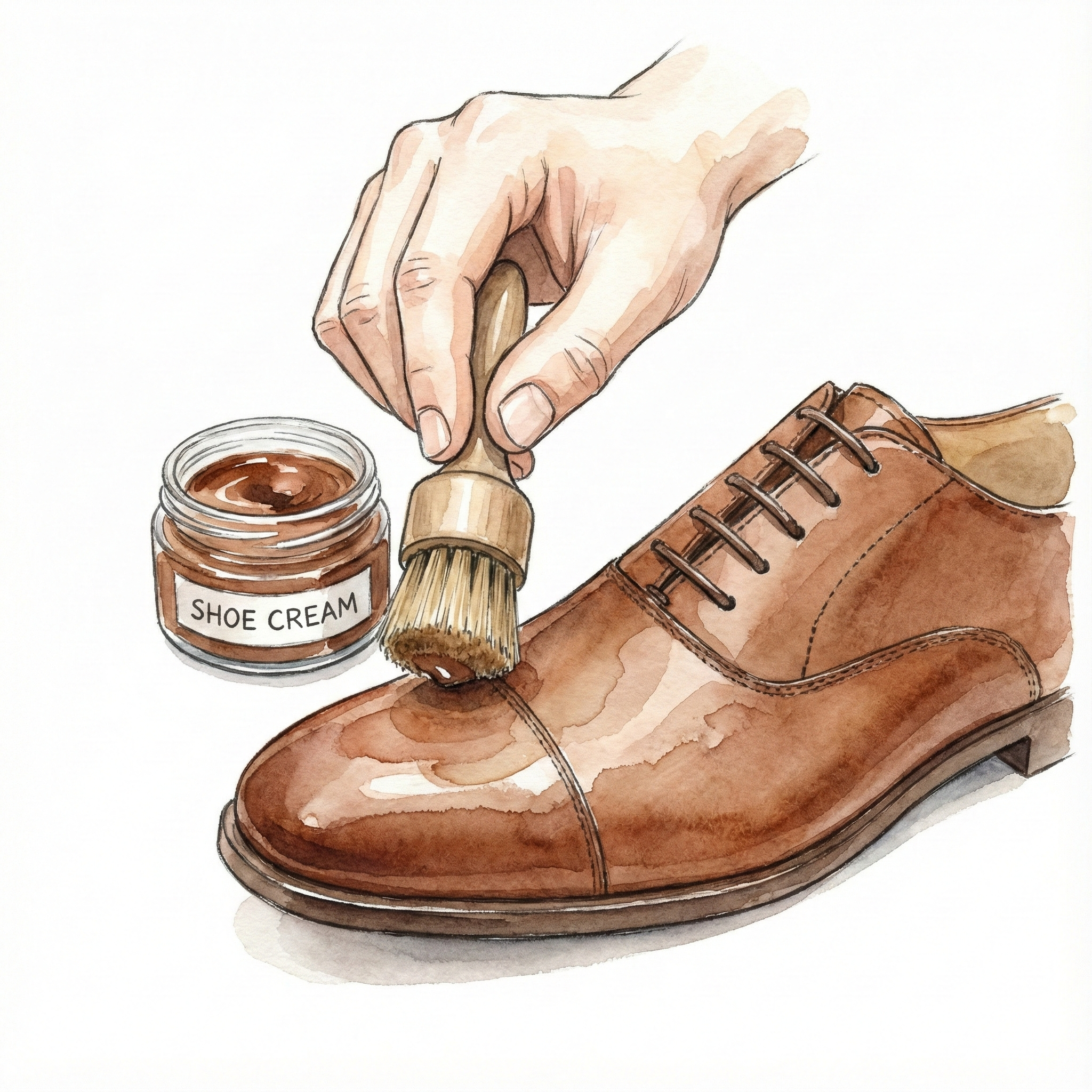 Illustration of applying a small amount of cream with a penetrating brush to a leather shoe