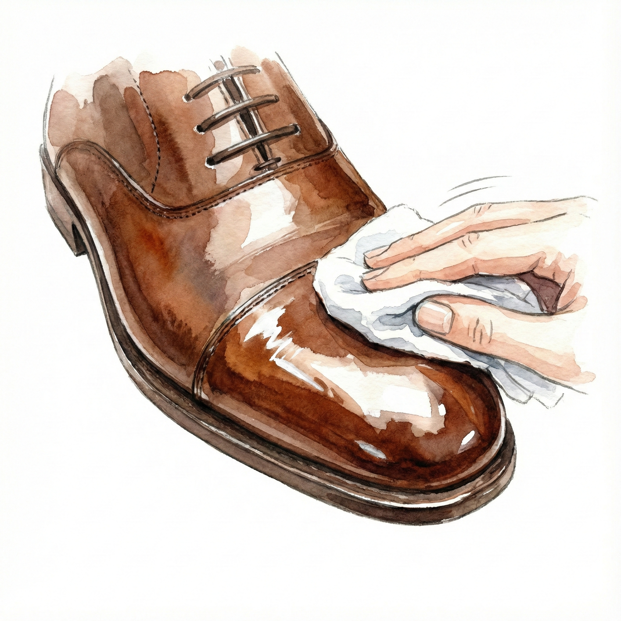 Illustration of buffing a leather shoe dry with a cloth to produce a natural shine