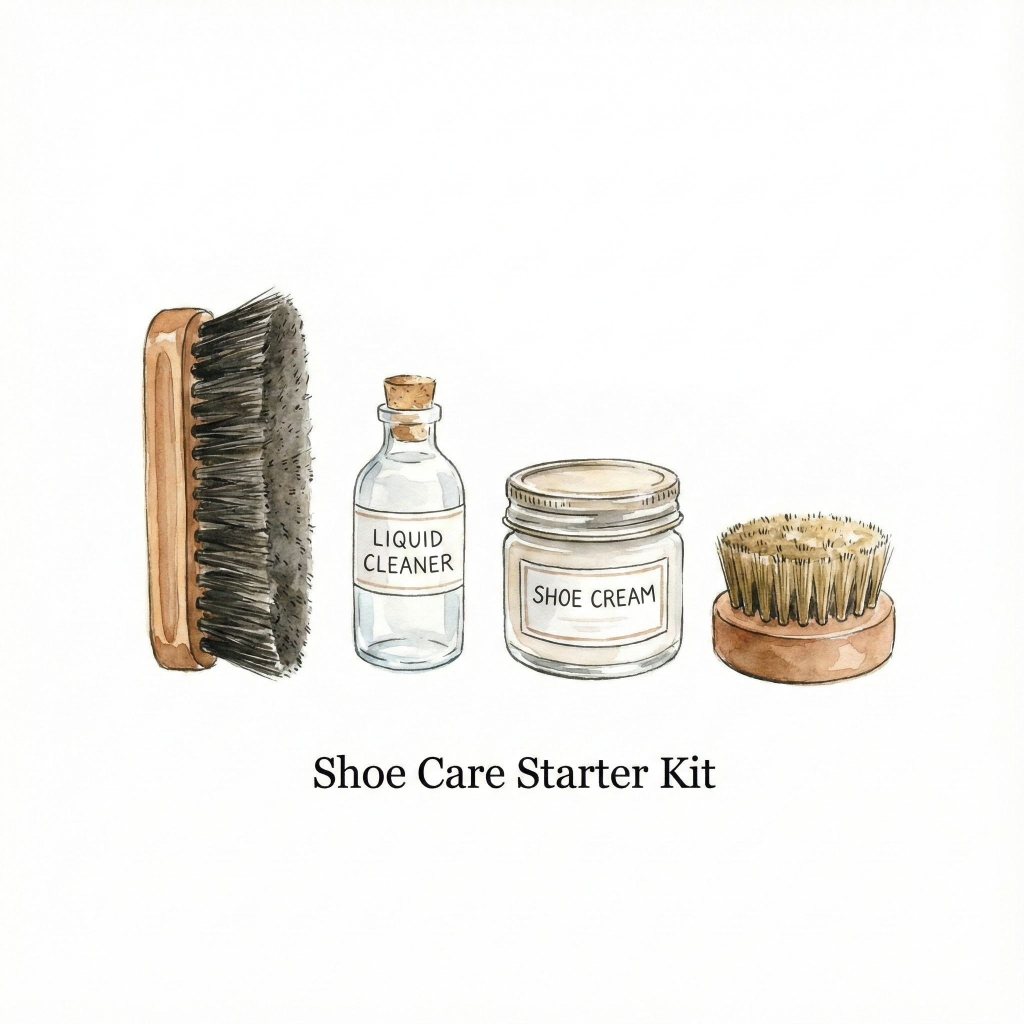 Illustration of the 4 essential leather shoe care tools: horsehair brush, cleaner, emulsified cream, and boar bristle brush