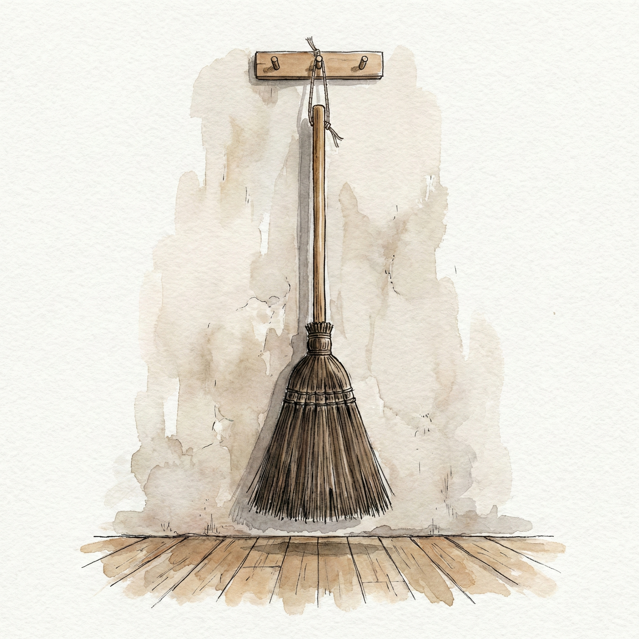 Illustration of a shuro broom hanging from a wall hook so the bristle tips are off the floor — correct storage method