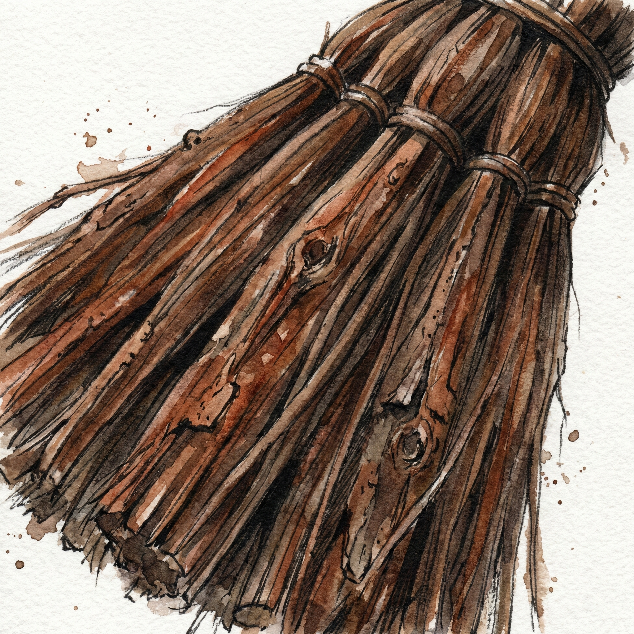 Close-up illustration of 'kawa' shuro broom fibers — thick, firm bundles of bark