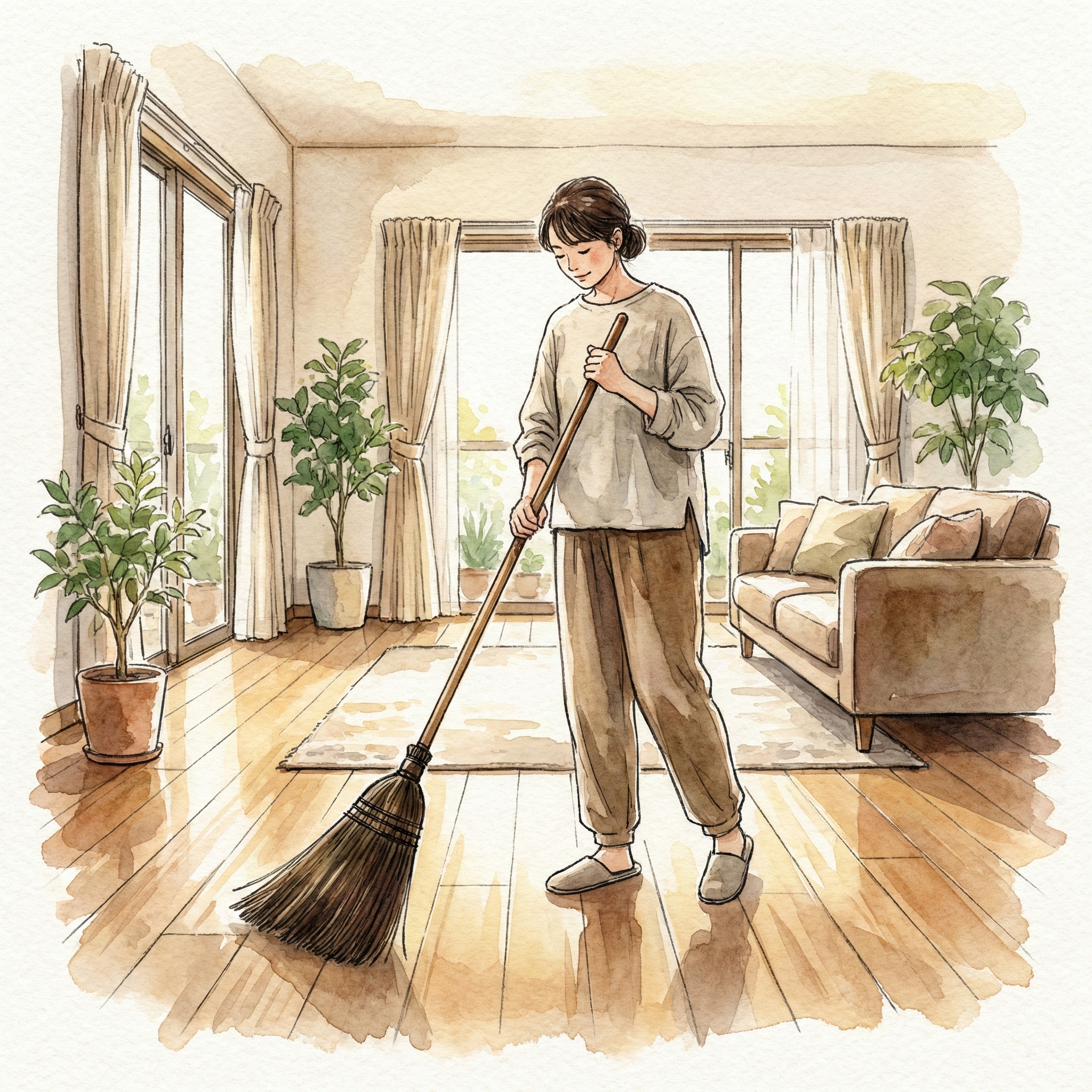 Illustration of someone holding a long-handled shuro broom with both hands, sweeping the living room with a straight back