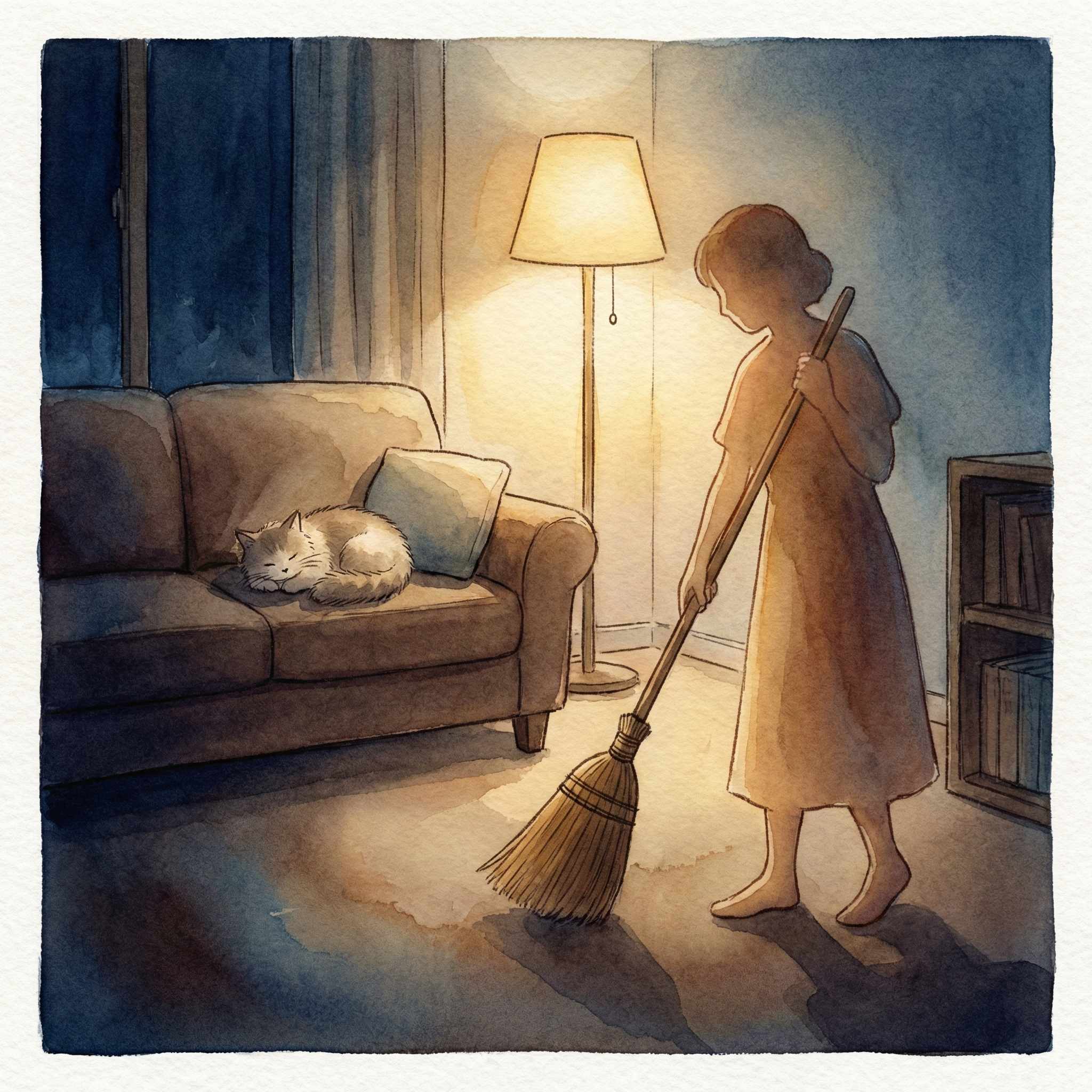 Illustration of someone sweeping quietly with a shuro broom in the living room at night, careful not to wake a sleeping cat