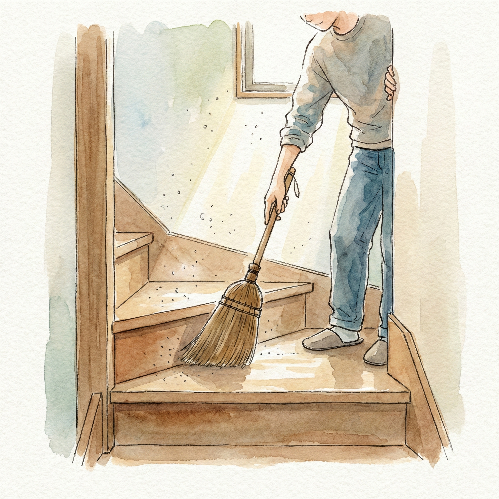 Illustration of a short-handled broom held in one hand, sweeping quickly into a stair corner