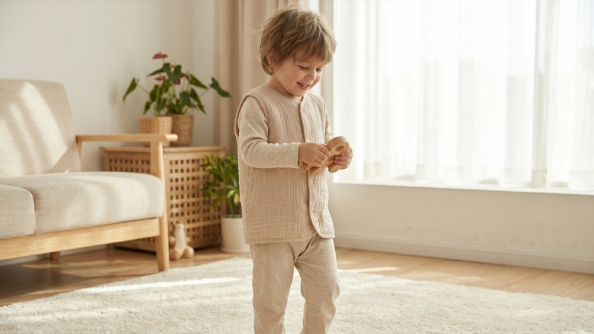 A toddler of around 3 years old wearing a sleeper