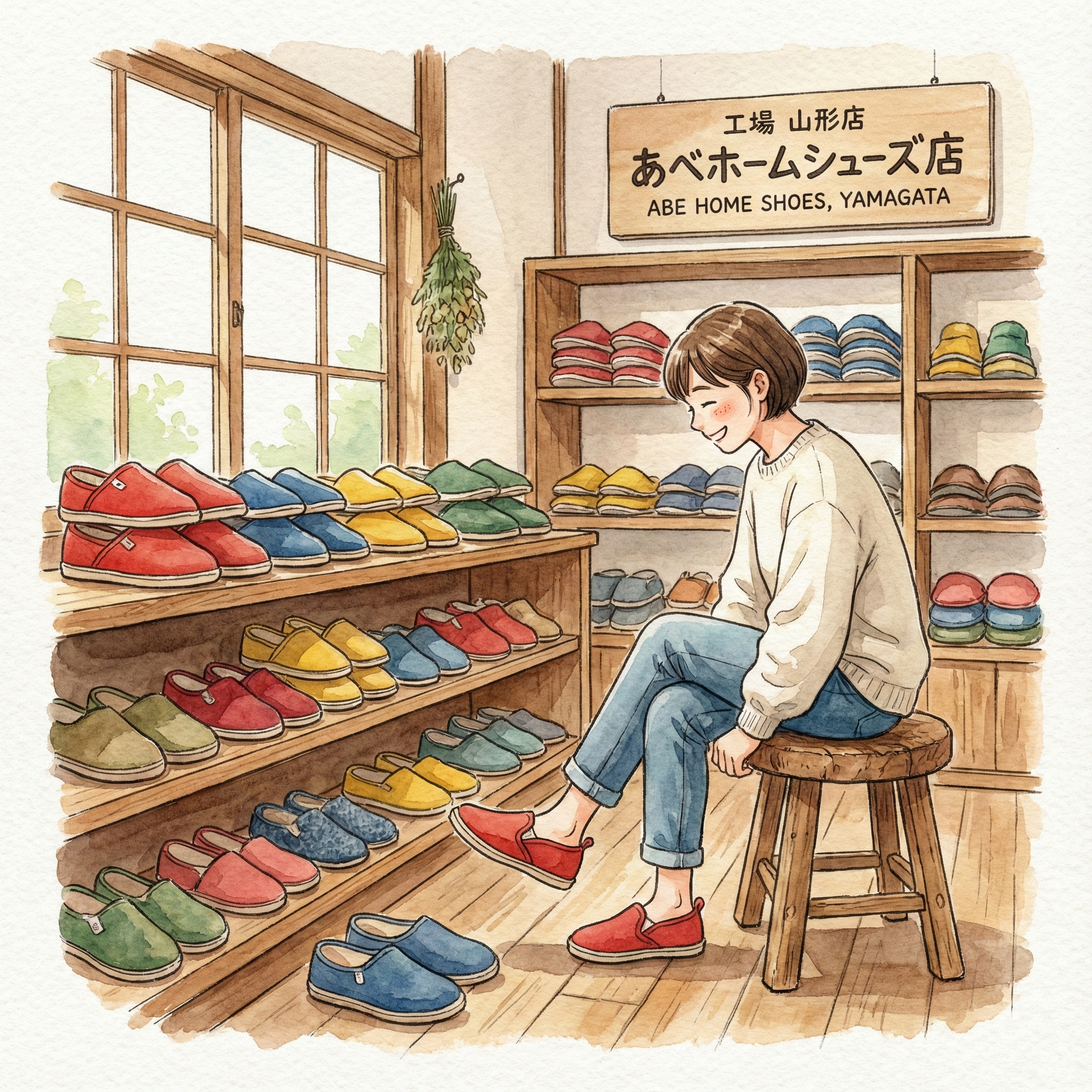 Illustration of the ABE HOME SHOES factory shop in Kahoku-cho, Yamagata, with colorful slippers on display