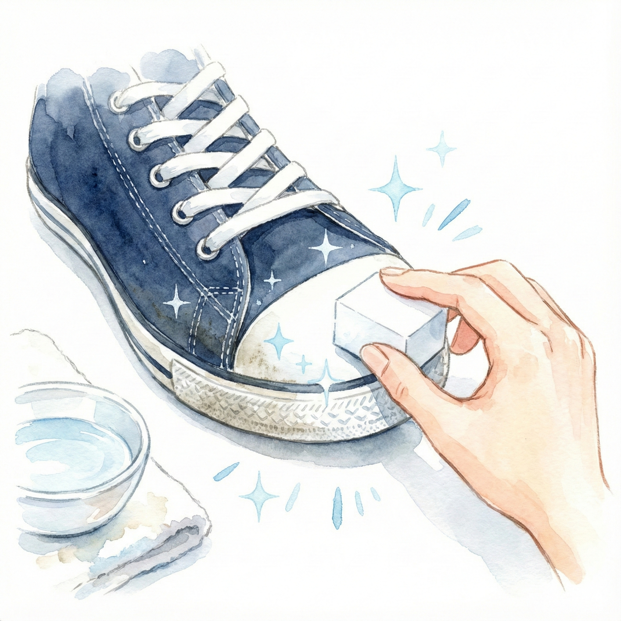 Illustration of scrubbing the rubber sole of a sneaker with a melamine sponge