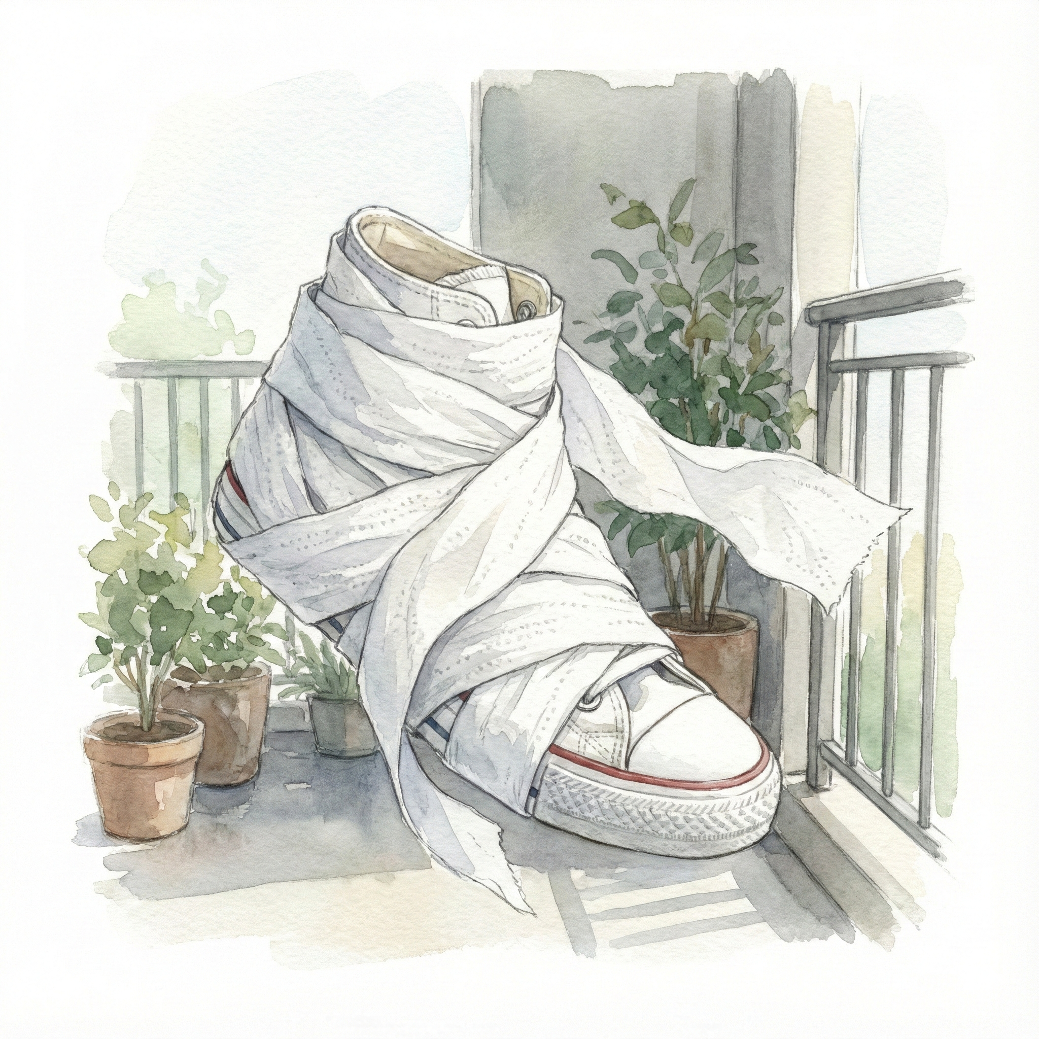 Illustration of a sneaker wrapped completely in toilet paper and hung to dry in the shade