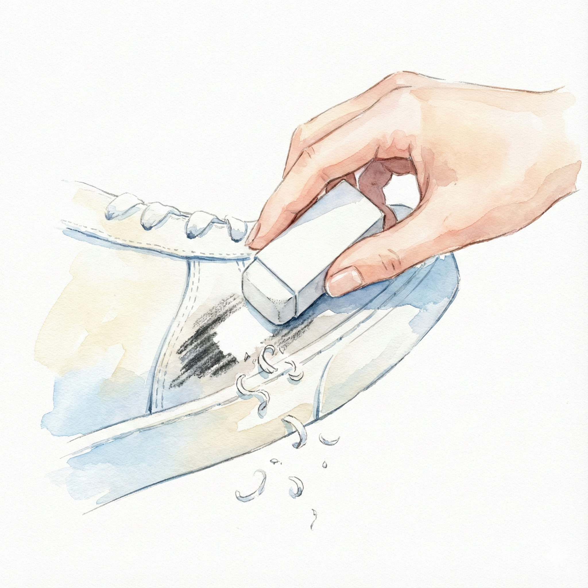 Illustration of gently erasing surface marks from a leather sneaker with an eraser cleaner